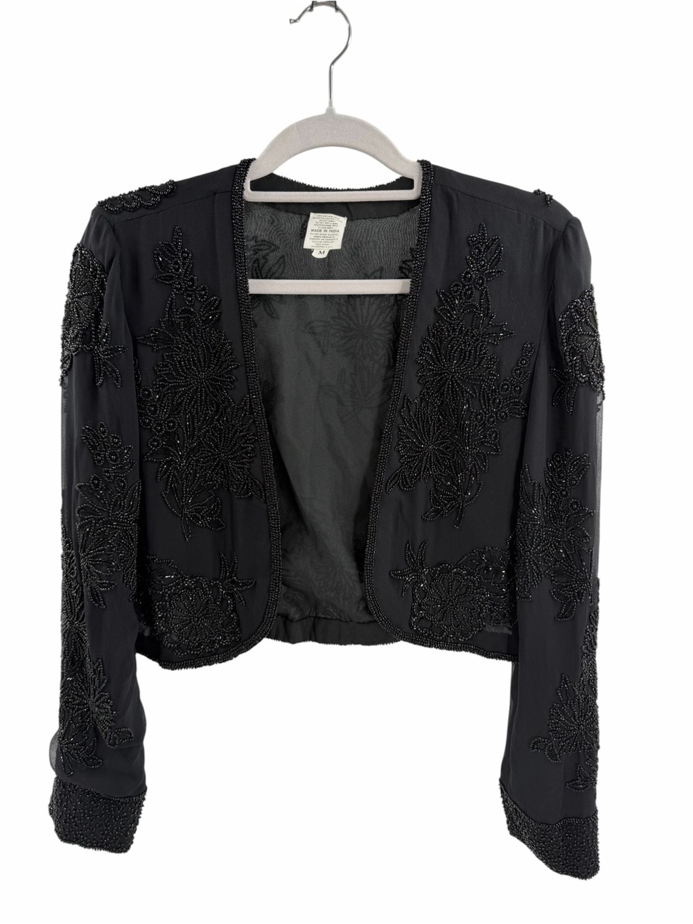 Beaded Black 100% Natural Silk open front Cropped Jacket bolero Size Medium